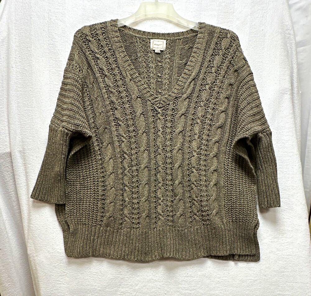 Kenzi Womens Size M Brown V-Neck 3/4 Sleeve Cable-Knit Pullover Sweater poncho